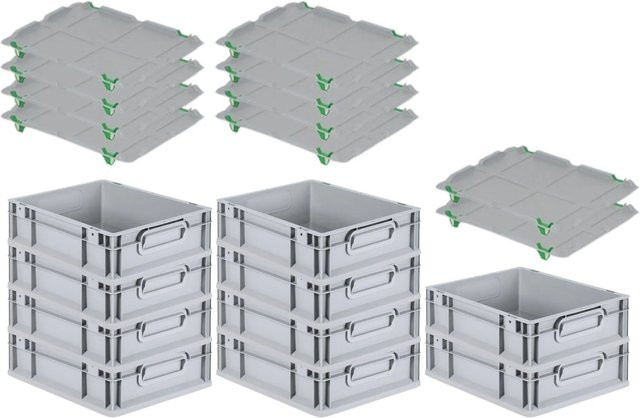 PROREGAL SparSet 10x Eurobox NextGen Grip mit Auflagedeckel und 4 grünen Schiebeschnappverschlüssen, Grau, H x B x T: 12 x 30 x 40 cm, verstärkte Wände - Bild 1