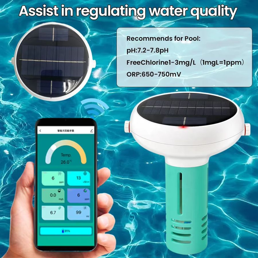 APWIKOGER 7-in-1 Solar-Schwimmbad-Wasserqualitätstester mit Tuya-App für PH, ORP, EC, TDS, Salzgehalt und Temperatur zur Echtzeit-Datenanalyse - Bild 3
