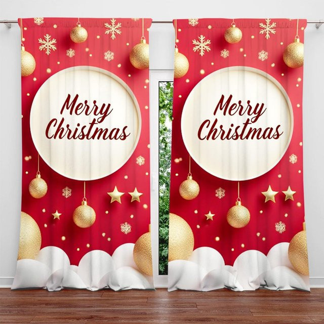 2er-Set Weihnachtliche Vorhänge mit Grafikprint in Rot, halbtransparent, Polyester, Breite: 52,5 cm, Höhe: 116 cm - Bild 1