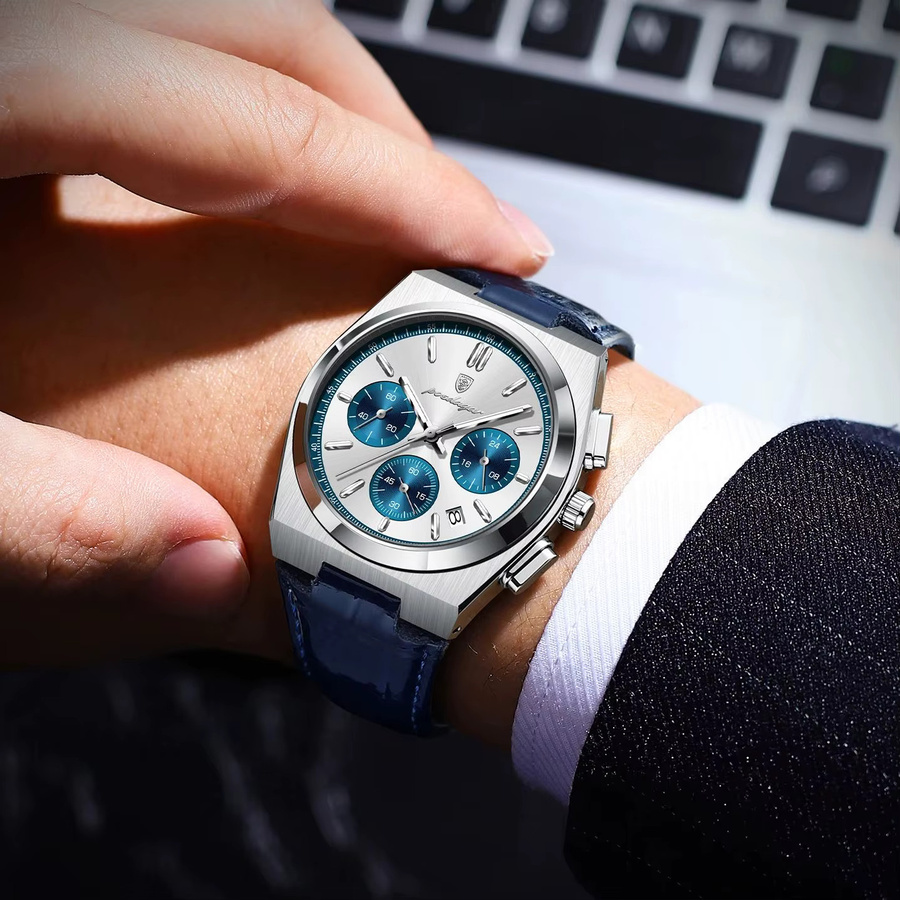 POEDAGAR Chronograph, Quarz, Leder, Silber, Herren - Bild 6