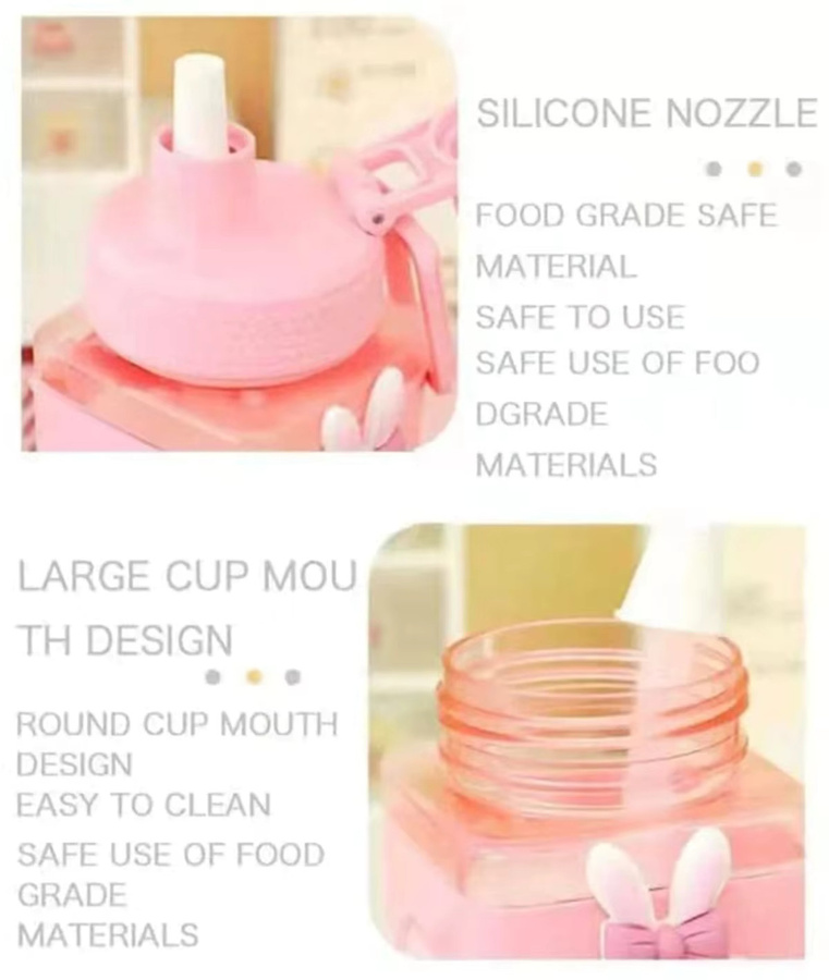 FEB.WIND 2-teiliges Set Kawaii Wasserflasche mit Strohhalm und 3D-Aufklebern in Pink, tragbare Silikon-Milchflasche und Teetasse - Bild 2