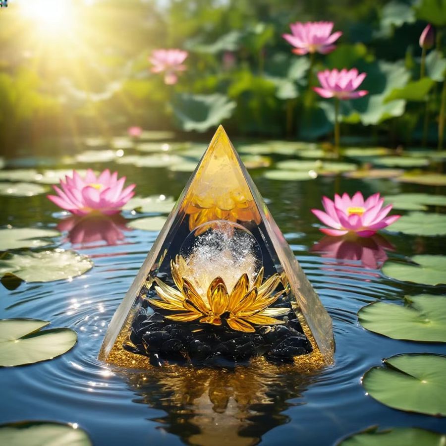 Lotusleben Orgon-Pyramide aus natürlichem Quarz und Obsidian als dekorative Energieskulptur in Blumenform - Bild 2