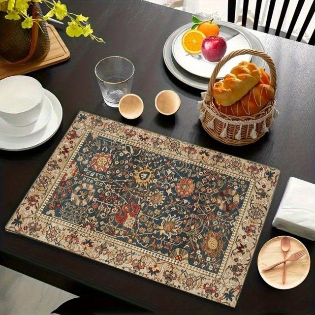 VIKAMA American Vintage Tischsets in Dunkelblau mit Blumen- und geometrischem Design, wasserdicht, ideal für Küche und Restaurant - Bild 1