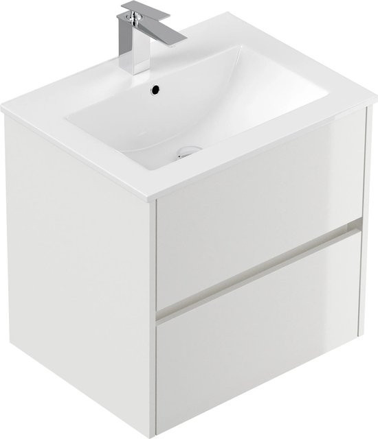 Posseik Badmöbel Limes Waschtisch mit 2 Greifraum Auszügen Weiß Hochglanz B: 60 cm, H: 58,5 cm, T: 46,5 cm - Bild 1