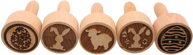 Dekohelden24 5er Set Teigstempel aus Holz mit Ostermotiven, Farbe: Braun, Maße eines Stempels L/B/H: 4 x 4 x 8 cm - Bild 1