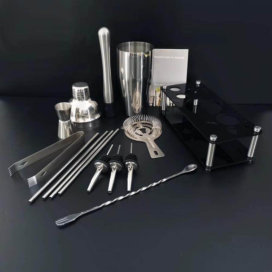 XINGZHAOHOME 13-teiliges Cocktail-Shaker-Set aus Edelstahl in Schwarz und Silber mit 750 ml Shaker, Jigger, Löffel und Ausgießer sowie Ständer - Bild 2