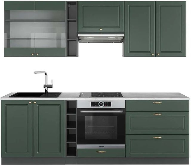 Vicco Fame-Line Küchenzeile Landhausstil in Grün, Gold und Anthrazit mit Marmor-Optik, B/H/T: 235 x 82 x 60 cm - Bild 1