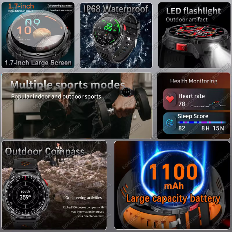 BOXUXING Military Stratos 4 Ultra Smartwatch für Männer mit GPS, Kompass und IP68 Wasserdichtigkeit in Schwarz und Orange - Bild 2