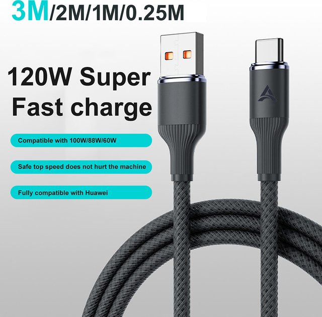 120W USB-A auf USB-C Schnellladekabel in Schwarz für iPhone, Samsung, Xiaomi und Huawei - Bild 1