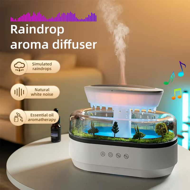 PDQ Aroma-Luftbefeuchter mit Regentropfen-Effekt, Ultraschall-Duftdiffusor für ätherische Öle und buntem Licht in Weiß - Bild 2