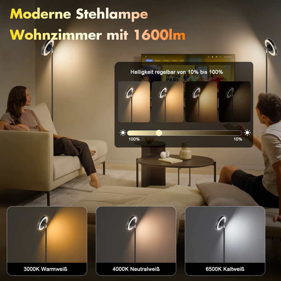 LEOEU LED-Stehleuchte in Schwarz mit RGB-Wasserwellen-Effekt und CCT-Uplighter-Leselampe für dein Wohnzimmer - Bild 2