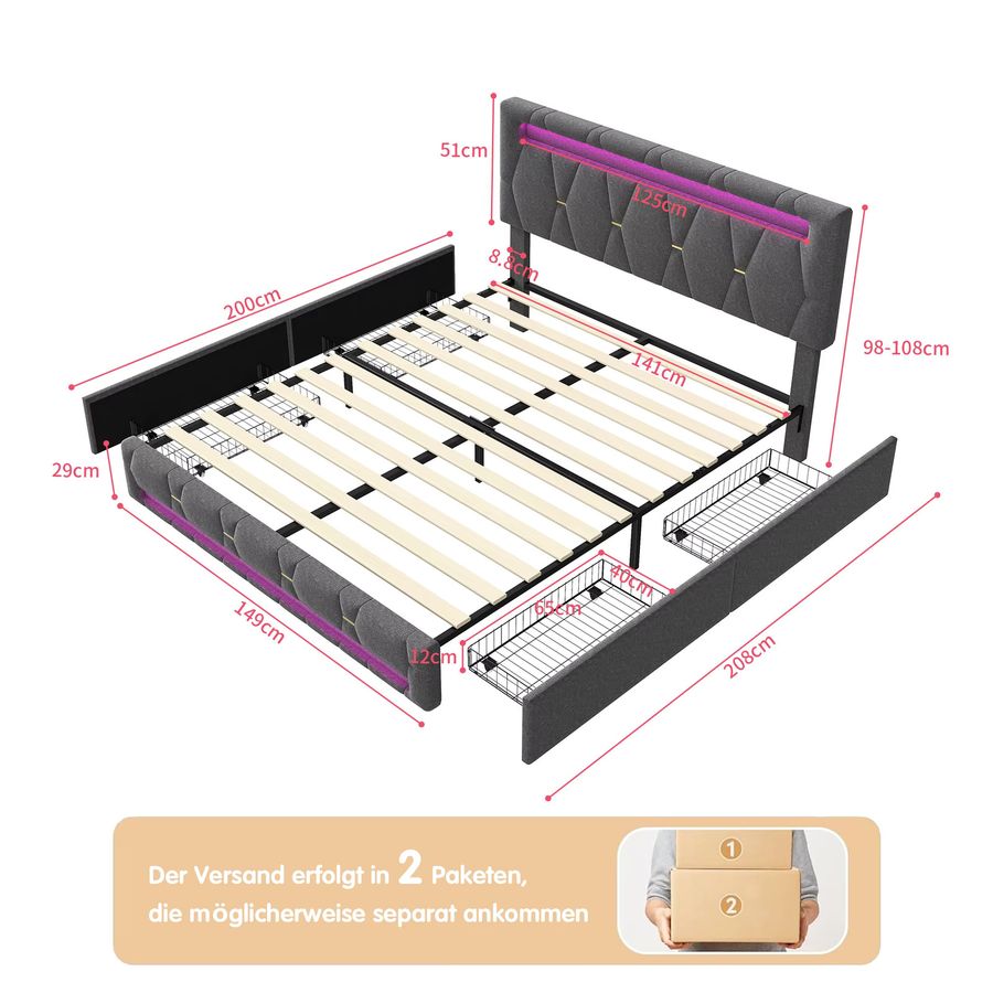 WOODENAURA Bett mit Stauraum, LED-Beleuchtung und Schubladen in Leinengrau, B/T/H: 140 x 200 cm - Bild 3