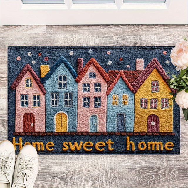 VIKAMA Plüsch-Fußmatte Sweet Home mit buntem Hausmuster, Mehrfarbig, B/T: 60 x 40 cm - Bild 1