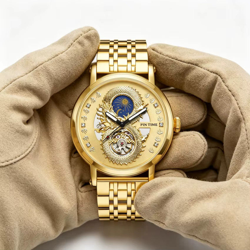 PINTIME Armbanduhr Gold, Automatik, Sonnen- und Mondphasen, Herren - Bild 3