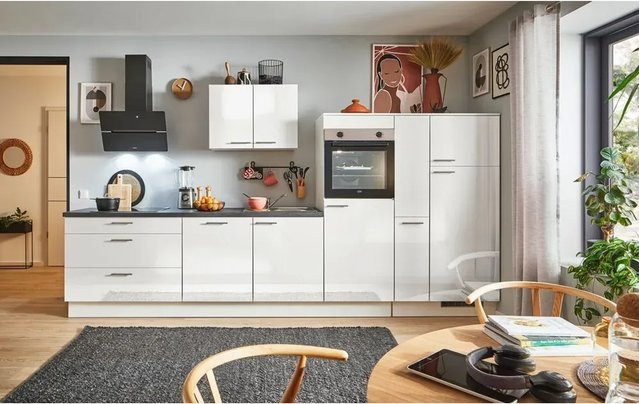 pino Küchenzeile Weiß Hochglanz mit 1 Apothekerschrank und Platz für 1 Gerät, Breite: 350 cm, Höhe: 174 cm, Tiefe: 60 cm - Bild 1