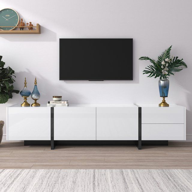 Comanlai LED-TV-Lowboard in Weiß mit 2 Schränken und 4 Schubladen, B/T/H: 130 x 33 x 15 cm - Bild 1