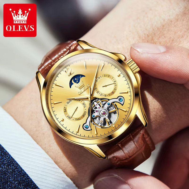 OLEVS Armbanduhr, Automatik, Edelstahl, Leder, Gold, Herren - Bild 3