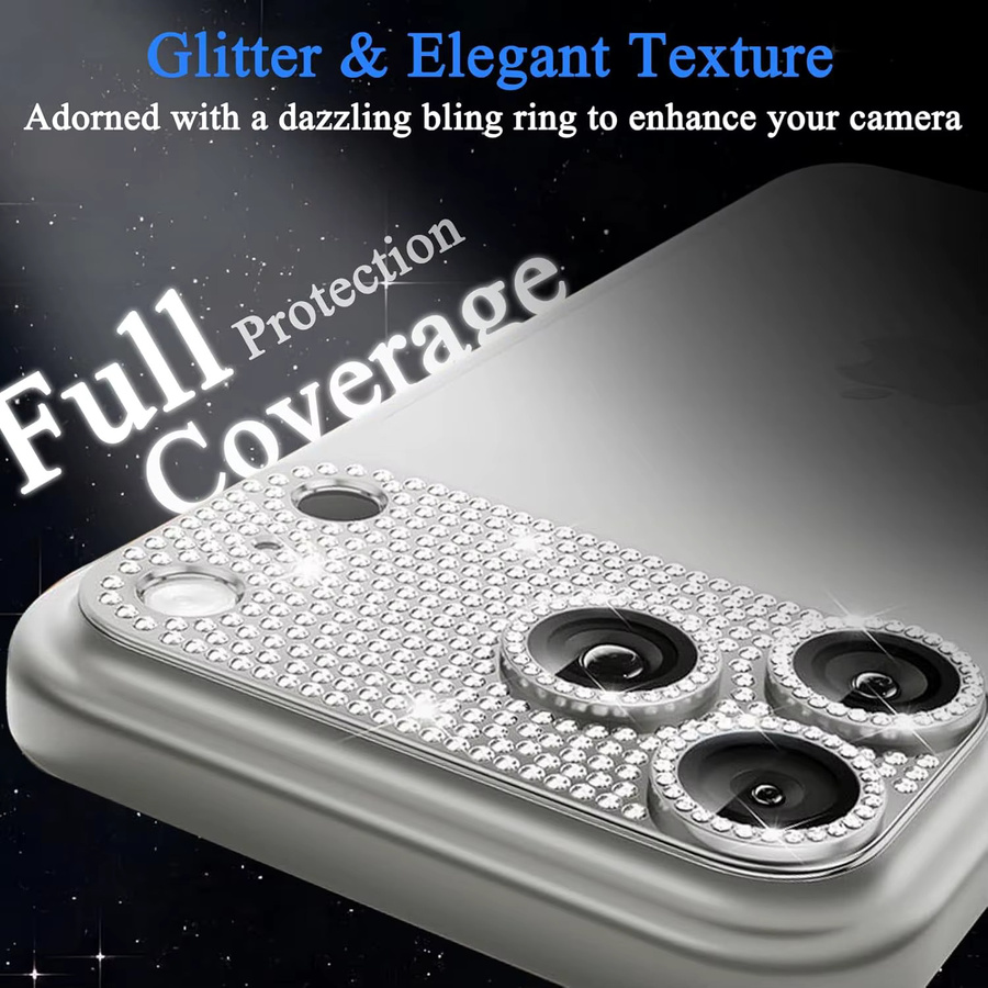 NYFundas Glitzer-Diamant Kameraobjektivschutz für iPhone 11 bis 17 Pro Max in Silber und Lila - Bild 6