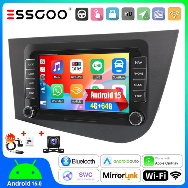 ESSGOO Android 15 Carplay Headunit für Seat Leon 1P1 05-11 mit 7 Zoll Touchscreen, GPS, WIFI und kabellosem Android Auto, Schwarz - Bild 1