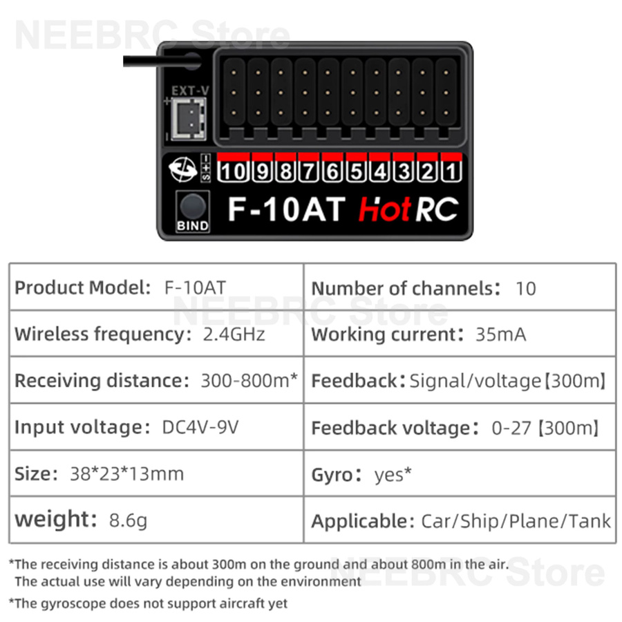 HotRC F-10AT 10-Kanal Gyro-Empfänger, 2,4G PWM, 1/2/4 Stück - Bild 3