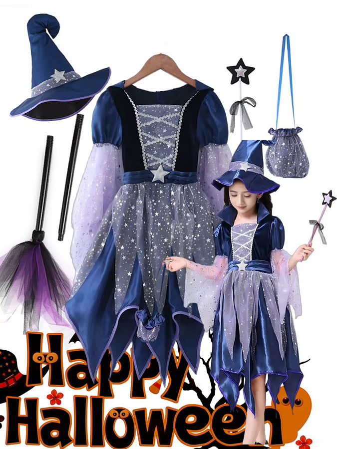 MESOQ Gott Mutter Fee Kleid mit Hexenhut Zauberstab Tasche, 4-teiliges Set, Lila - Bild 6