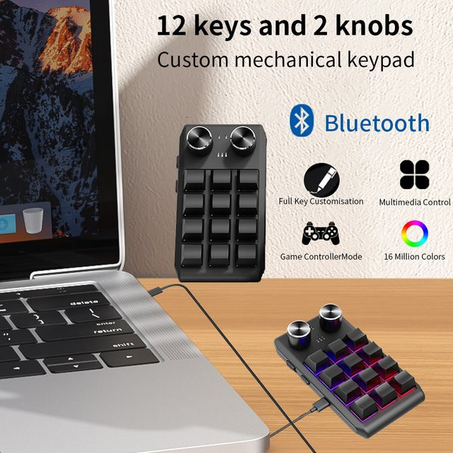 GGBEE Mechanisches Macropad mit Bluetooth und RGB: Programmierbare Mini-Tastatur mit 12 Tasten und 2 Knöpfen in Schwarz - Bild 1