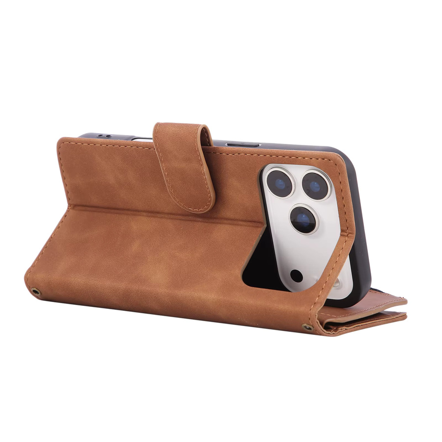 Aierkeba Leder-Wallet mit Reißverschluss und Kickstand als Karten- und Handyhülle für iPhone Modelle in Braun - Bild 3