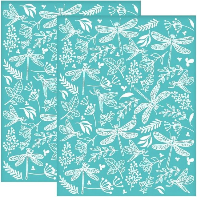 2 Stück Libelle selbstklebende Siebdruck-Schablonen mit Blumen- und Blattmotiven in Türkis, B/H: 21,8 x 28 cm - Bild 1
