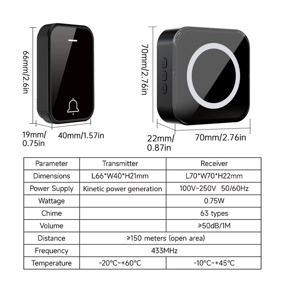 Hococa Kabellose Türklingel RF433 in Schwarz, Wasserdichte Kinetische Türklingel ohne Batterie mit Lichtsignal und hoher Reichweite - Bild 4