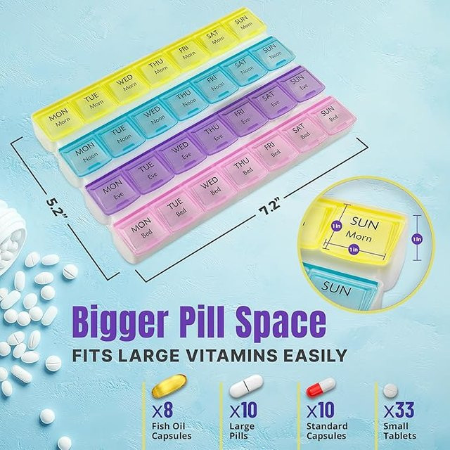 SF BEAUTY Wöchentlicher Pillenorganisator für 4-mal tägliche Einnahme, Pillendose für Vitamine und Medikamente mit Wochentagen von Montag bis Sonntag, Mehrfarbig - Bild 1