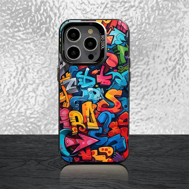 Stoßfeste Handyhülle mart35 mit buntem Graffiti-Design in Schwarz für iPhone 11 bis iPhone 16 Modelle - Bild 1