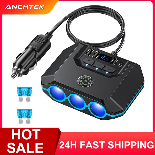Anchtek 120W Auto Zigarettenanzünder Adapter mit USB-Schnellladegerät und LED-Voltmeter in Schwarz - Bild 1