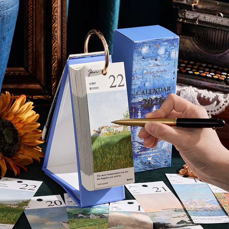 Vintage-Ölgemälde Schreibtischkalender 2026 mit inspirierenden Zitaten in Goldringbindung - Bild 3