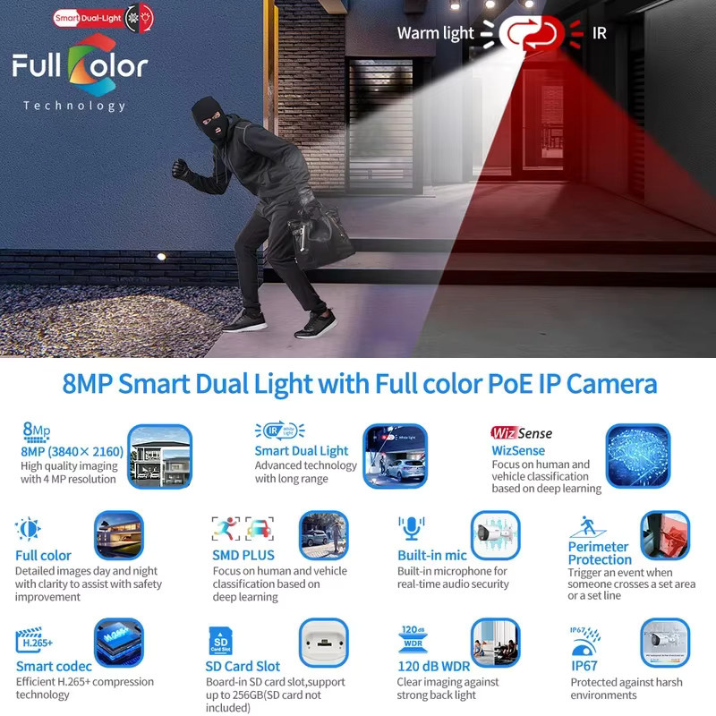 Ziksecu ColorVu PoE IP-Überwachungskamera mit 4K 5MP 8MP Auflösung, integriertem Mikrofon und 24/7 Farbüberwachung in Weiß - Bild 5