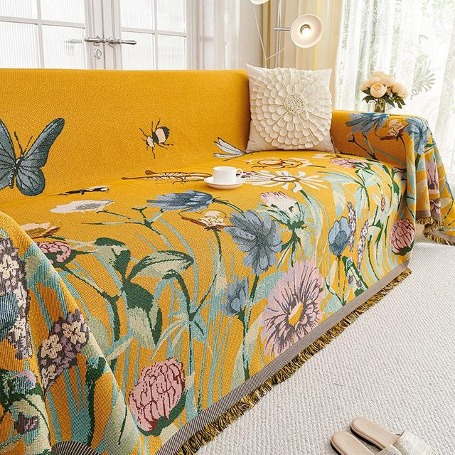Super Six Sofabezug aus Jacquard-Polyester mit floralem Muster in Gelb, B/B: 180 x 180 cm - Bild 1