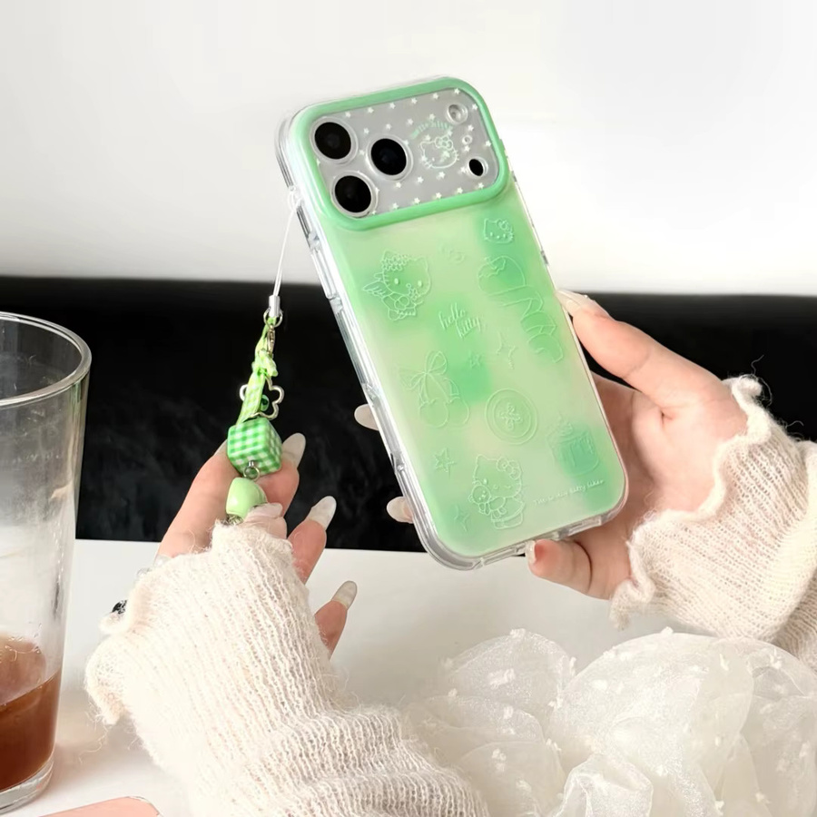 Sanrio Hello Kitty Schutzhülle im Kirsch-Kuchen-Stil für Apple iPhone 17 16 15 Pro Max, stoßfeste doppellagige Hülle mit Anhänger in Grün - Bild 3