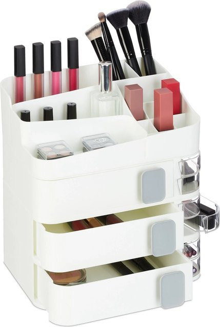 Relaxdays Kosmetikorganizer aus Kunststoff in Weiß mit Schubladen und stapelbarer Funktion, B/T/H: 27,5 x 26 x 21 cm - Bild 1