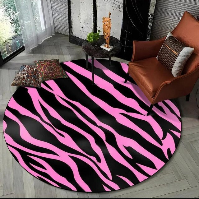 Runder Teppich mit buntem 3D-Zebrastreifenmuster von Lodestar, rutschfest und waschbar, Mehrfarbig/Pink, Durchmesser: 40 cm - Bild 1