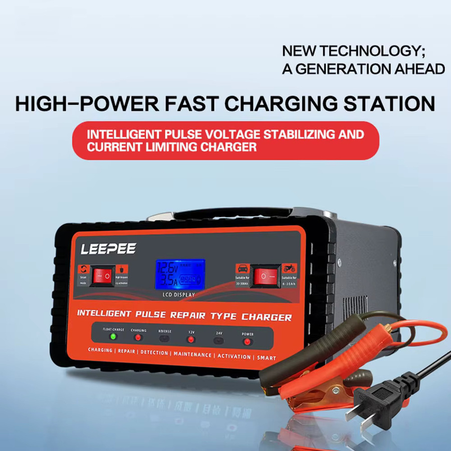 Digitales LCD Display Smart Batterie Ladegerät mit Puls Reparaturfunktion für Auto, SUV, Motorrad und Lkw, 12V/24V, 300Ah, Schwarz und Rot - Bild 2