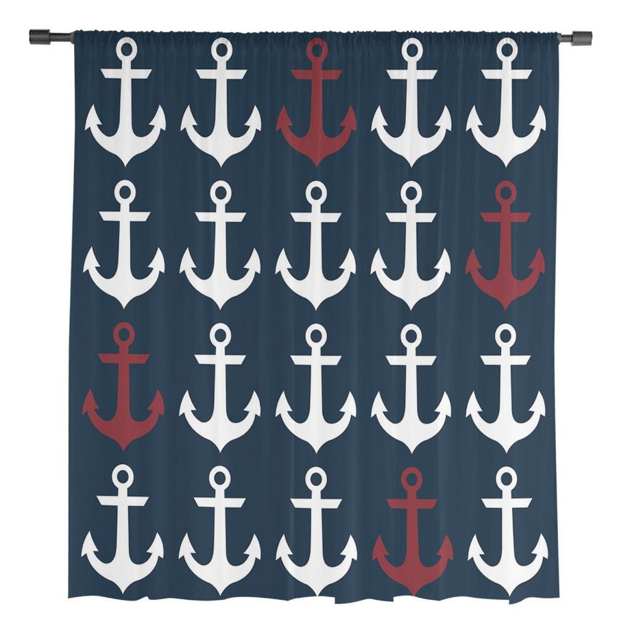 Transparente Vorhänge mit Nautischem Ozean Anker Motiv in Dunkelblau aus Tüll, Voile und Organza, Breite: 135 cm, Höhe: 115 cm - Bild 3