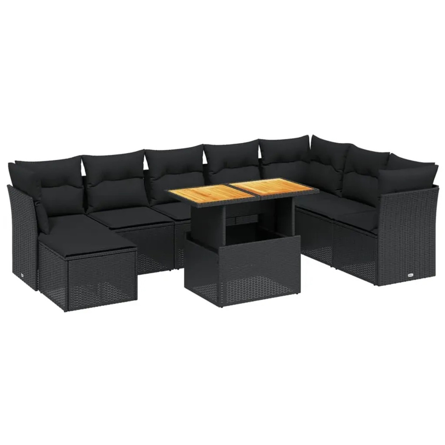 vidaXL 9-teilige Garten-Sofagarnitur aus Poly-Rattan und Akazienholz in Schwarz mit Kissen - Bild 2