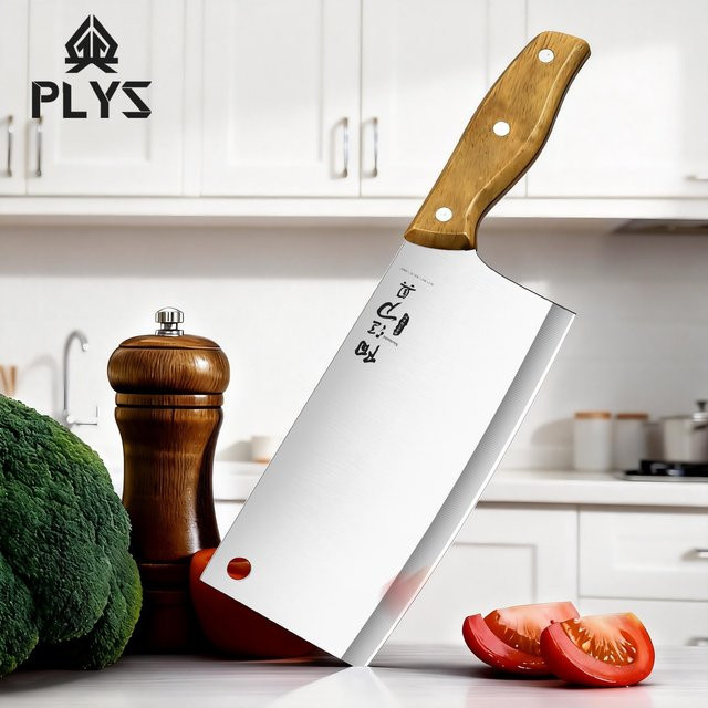 Multifunktionales Küchenmesser von PLYS aus Edelstahl mit gelbem Holzgriff als Koch- und Fleischmesser - Bild 1