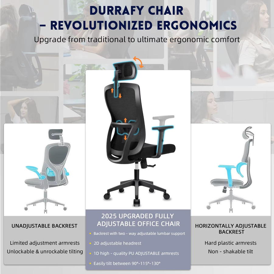 Ergonomischer Bürostuhl Durrafy in Schwarz mit Netzrücken, verstellbarer Kopfstütze und Lendenwirbelstütze für dein Home-Office - Bild 8