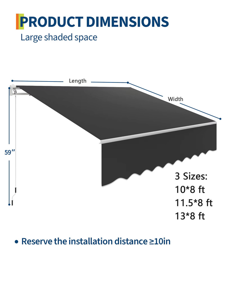 HiMISS Manuell Einziehbare Terrassenmarkise aus Aluminium mit UV-Schutz und Wasserdichtem Polyester in Schwarz - Bild 3