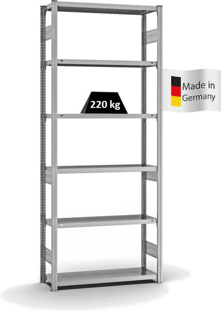 PROREGAL Fachbodenregal Stecksystem T-Profil Medium-Duty Grundregal, verzinkt, Farbe: Silber, H x B x T: 250 x 100 x 30 cm, 6 Ebenen, Fachlast 220 kg, beidseitig nutzbar - Bild 1