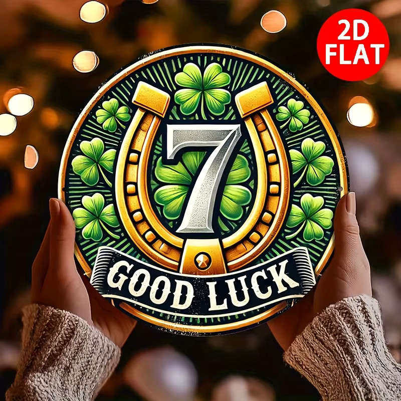 Potdemiel Good Luck Charm Rundes Eisenschild in Gold mit Kleeblatt- und Hufeisen-Design, Durchmesser: 20,32 cm - Bild 2