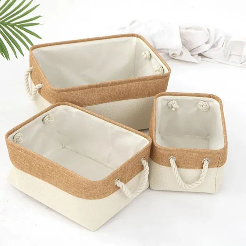 SEEQS Aufbewahrungskorb aus Baumwolle und Leinen, faltbarer Textil-Organizer in Beige, B/T/H: 41 x 32 x 20 cm - Bild 1