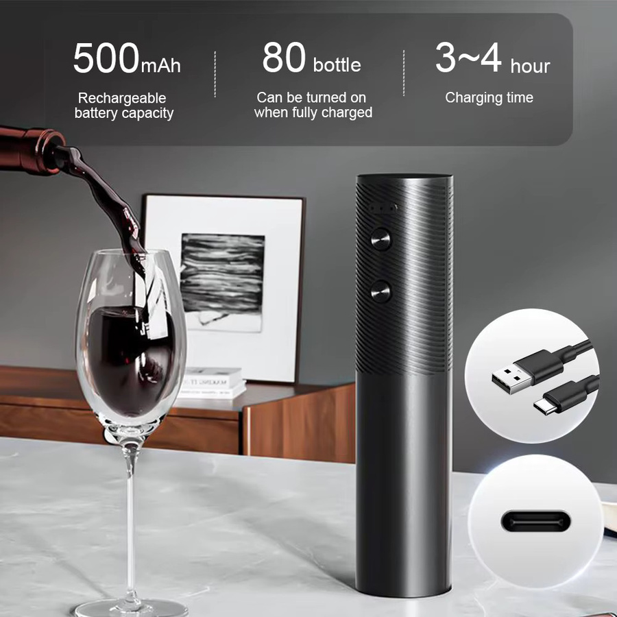 TCJJ Elektrischer Weinöffner Set, Wiederaufladbarer Automatischer Korkenzieher für Rotwein in Schwarz, USB-Ladefunktion - Bild 2