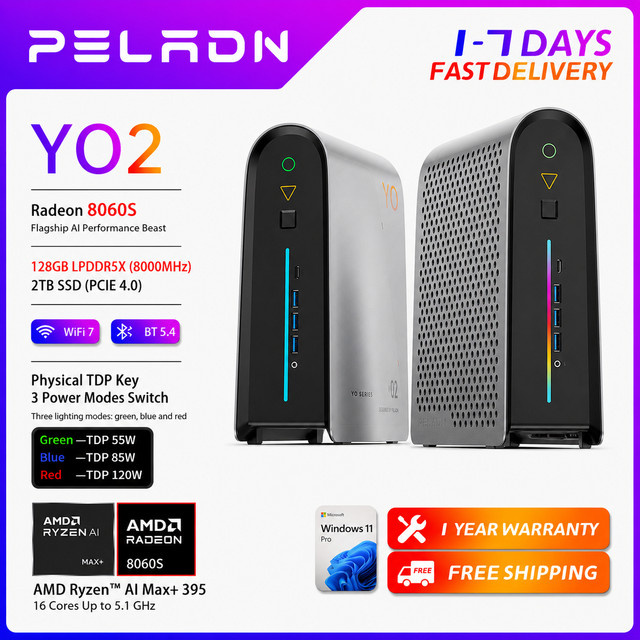 Peladn YO2 AI Mini-PC AMD Ryzen AI Max+ 395 mit 128GB DDR5, 2TB SSD PCIe 4.0 und Radeon 8060s Grafik in Silber - Bild 1
