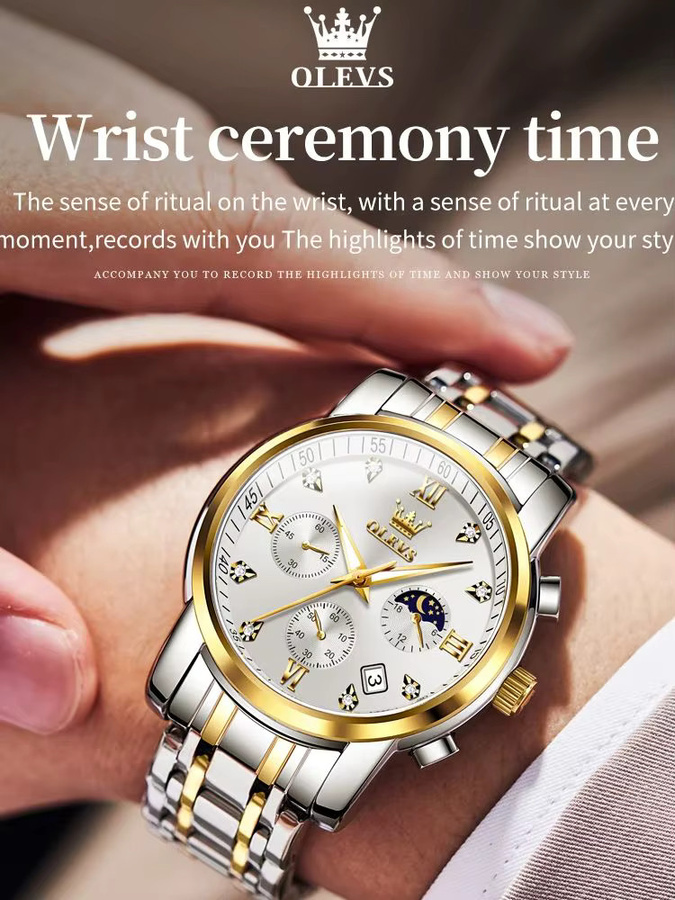 OLEVS Armbanduhr Chronograph, Quarz, Edelstahl, Roségold, Herren - Bild 5